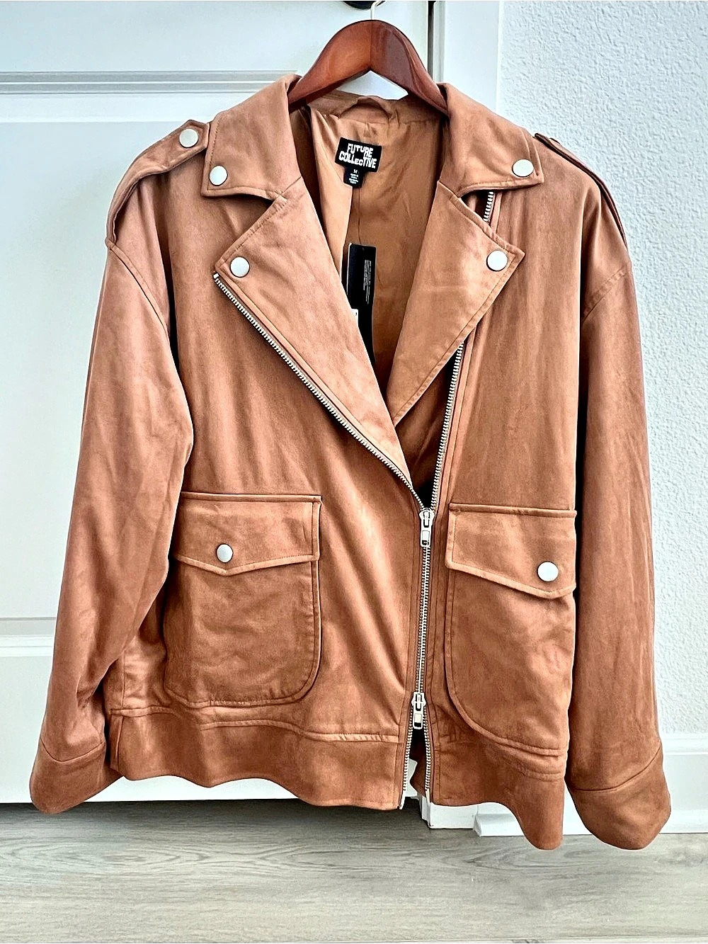 Future Collective Suede Relaxed Moto Jacket Faux Leather Moto Jacket in Brown